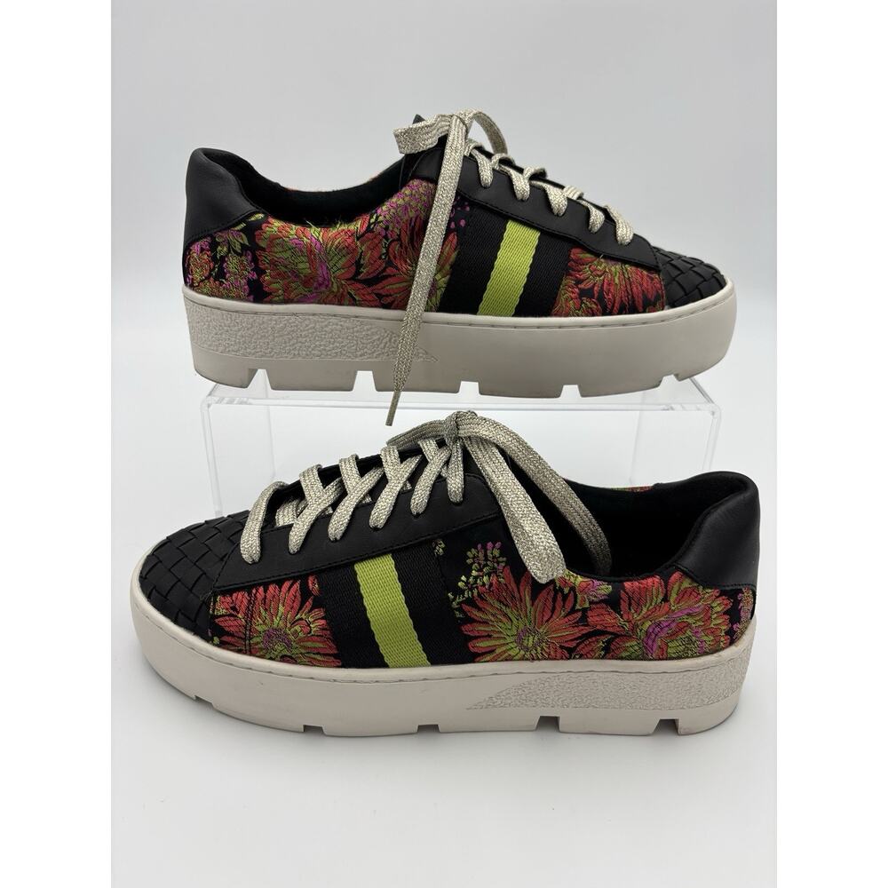 Johnny Was Downtown Jacquard Sneakers Black Woven Leather Pink Green Size 7.5